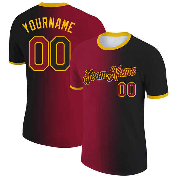 Custom Black Crimson-Gold Gradient Fashion Performance T-Shirt