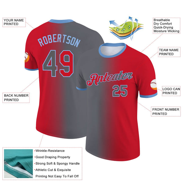 Custom Red Steel Gray-Light Blue Gradient Fashion Performance T-Shirt alternate