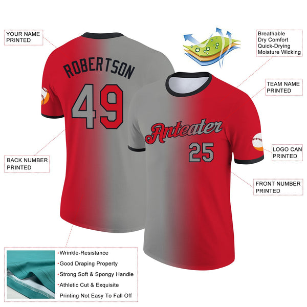 Custom Red Gray-Black Gradient Fashion Performance T-Shirt alternate
