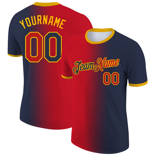 Custom Navy Red-Gold Gradient Fashion Performance T-Shirt