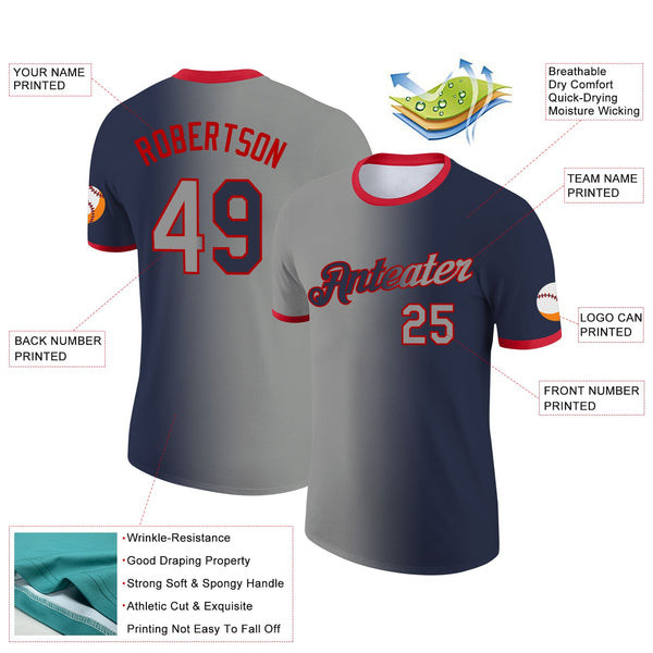 Custom Navy Gray-Red Gradient Fashion Performance T-Shirt alternate