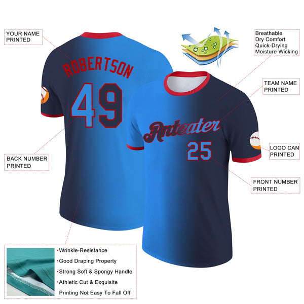 Custom Navy Powder Blue-Red Gradient Fashion Performance T-Shirt alternate