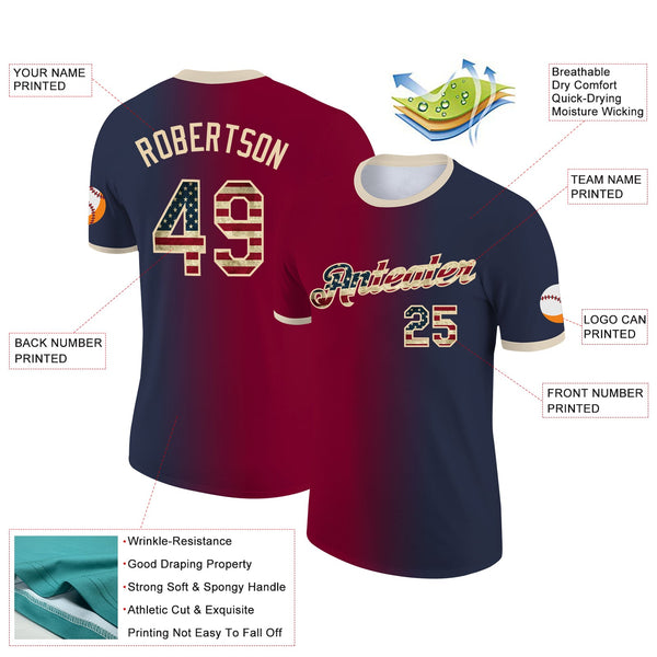 Custom Navy Vintage USA Flag Maroon-City Cream Gradient Fashion Performance T-Shirt alternate