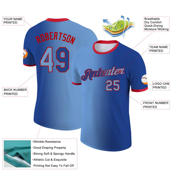 Custom Royal Light Blue-Red Gradient Fashion Performance T-Shirt alternate