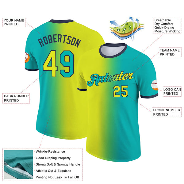 Custom Aqua Neon Yellow-Navy Gradient Fashion Performance T-Shirt alternate