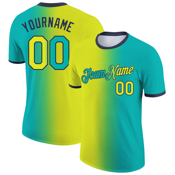 Custom Aqua Neon Yellow-Navy Gradient Fashion Performance T-Shirt