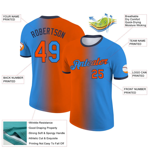 Custom Powder Blue Orange-Navy Gradient Fashion Performance T-Shirt alternate