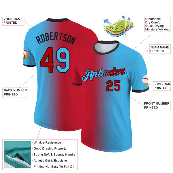 Custom Sky Blue Red-Black Gradient Fashion Performance T-Shirt alternate
