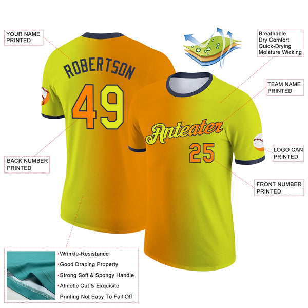 Custom Neon Yellow Bay Orange-Navy Gradient Fashion Performance T-Shirt alternate