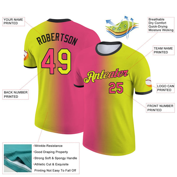 Custom Neon Yellow Neon Pink-Black Gradient Fashion Performance T-Shirt alternate