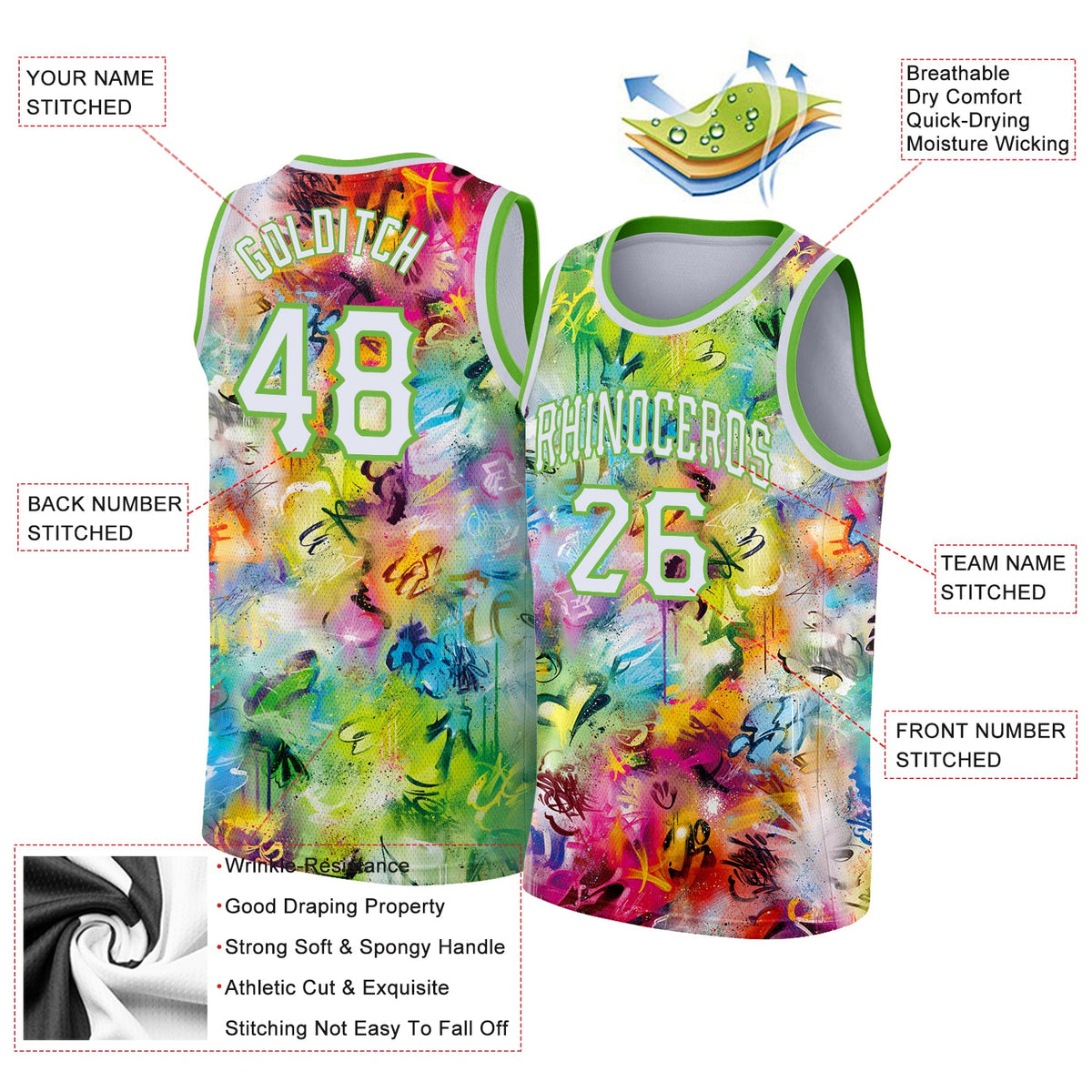 Custom Scratch Graffiti Pattern White-Neon Green 3D Authentic Basketball Jersey - Back