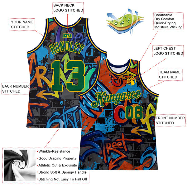 Custom Graffiti Pattern Kelly Green-Gold 3D Geometric Authentic Basketball Jersey alternate