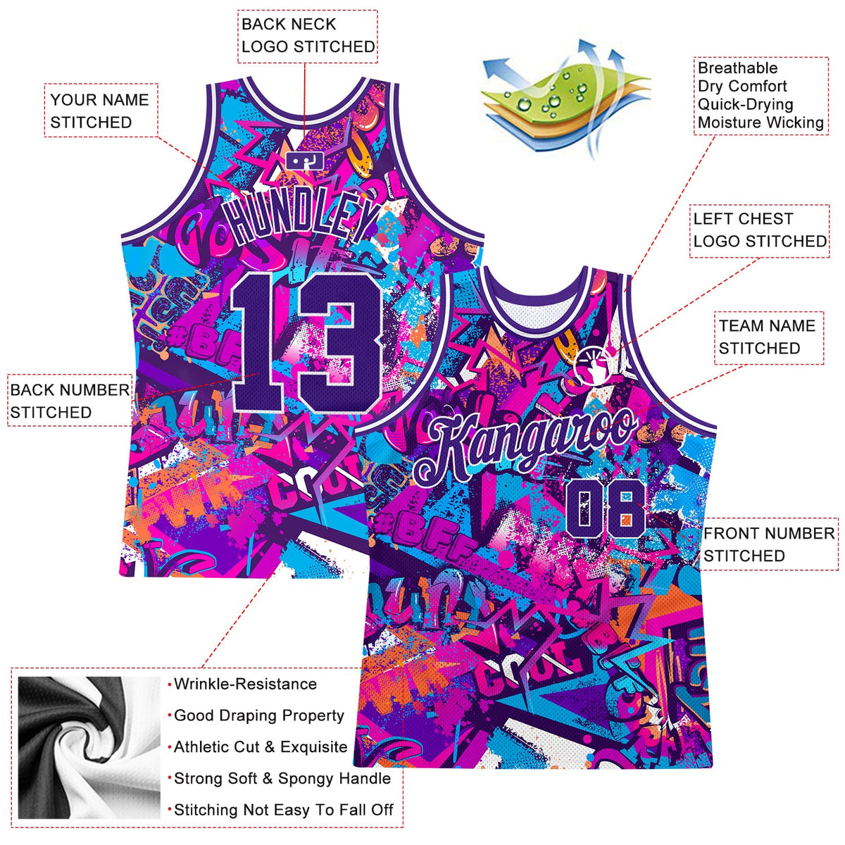 Custom Graffiti Pattern Purple-White 3D Words Authentic Basketball Jersey - Back