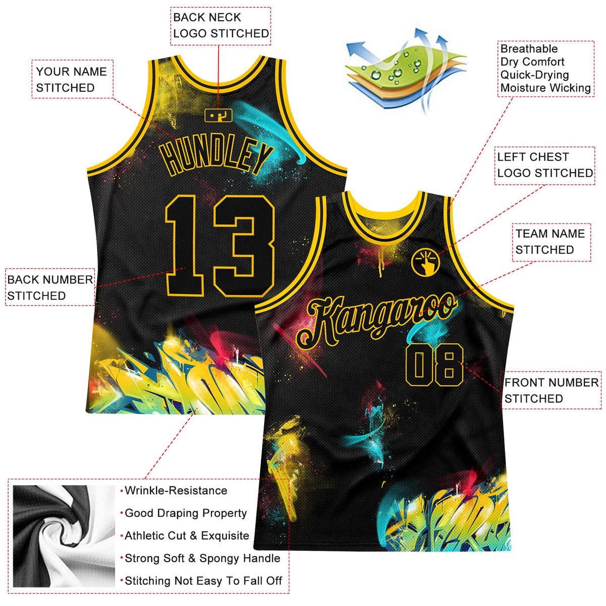 Custom Graffiti Pattern Black-Gold 3D Authentic Basketball Jersey - Back