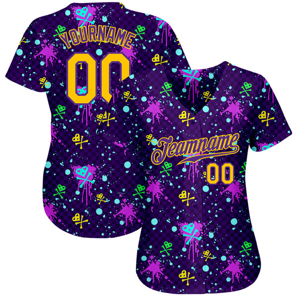 Custom Graffiti Pattern Gold-Purple 3D Clashing Colors Paint-Splatter Authentic Baseball Jersey alternate