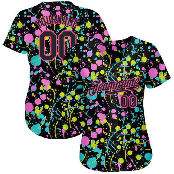 Custom Graffiti Pattern Black-Pink 3D Neon Splatter Authentic Baseball Jersey alternate