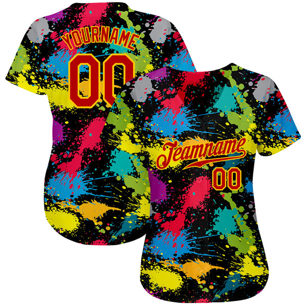 Custom Graffiti Pattern Red-Gold 3D Colorful Splattered Messy Art Ink Paintbrush Drawing Authentic Baseball Jersey alternate