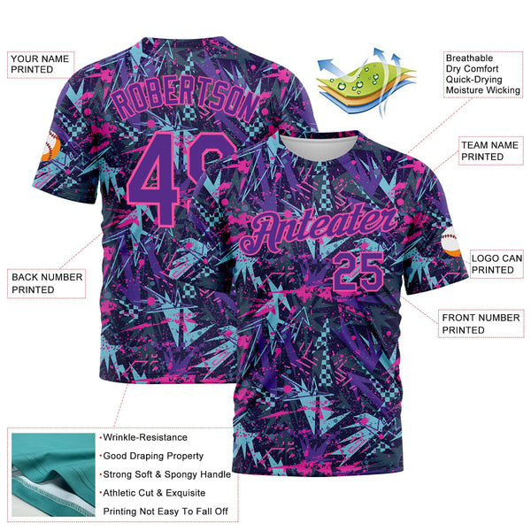 Custom Graffiti Pattern Purple-Pink 3D Creative Geometric Figures And Dots Performance T-Shirt alternate