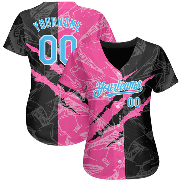 Custom Graffiti Pattern Sky Blue Black-Pink 3D Scratch Authentic Baseball Jersey alternate