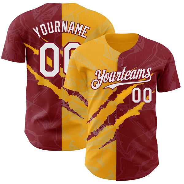 Custom Graffiti Pattern White Crimson-Gold 3D Scratch Authentic Baseball Jersey
