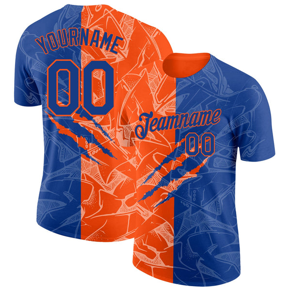 Custom Graffiti Pattern Royal-Orange Scratch 3D Performance T-Shirt