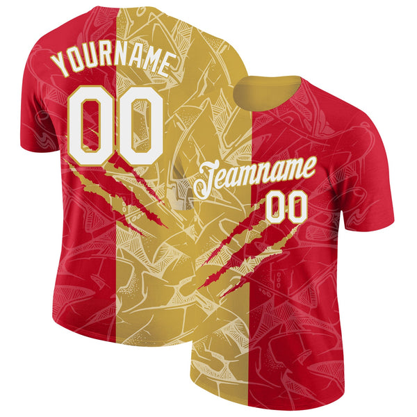 Custom Graffiti Pattern White Red-Old Gold Scratch 3D Performance T-Shirt