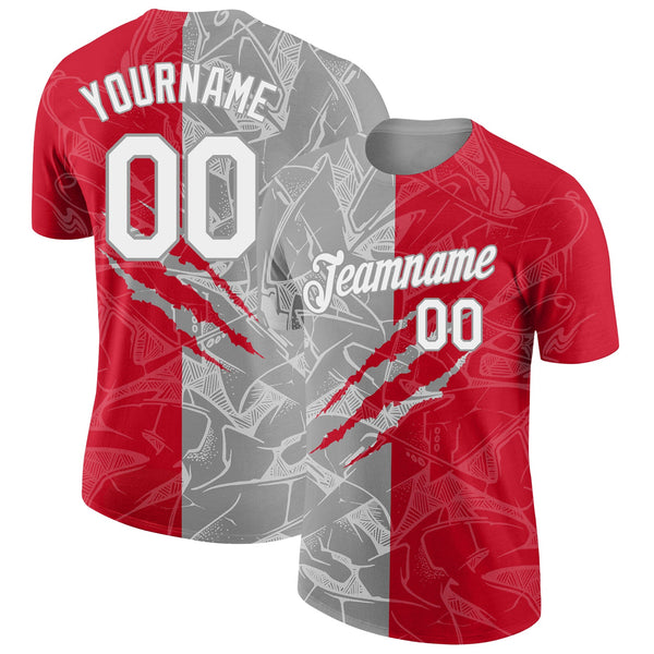 Custom Graffiti Pattern White Red-Gray Scratch 3D Performance T-Shirt
