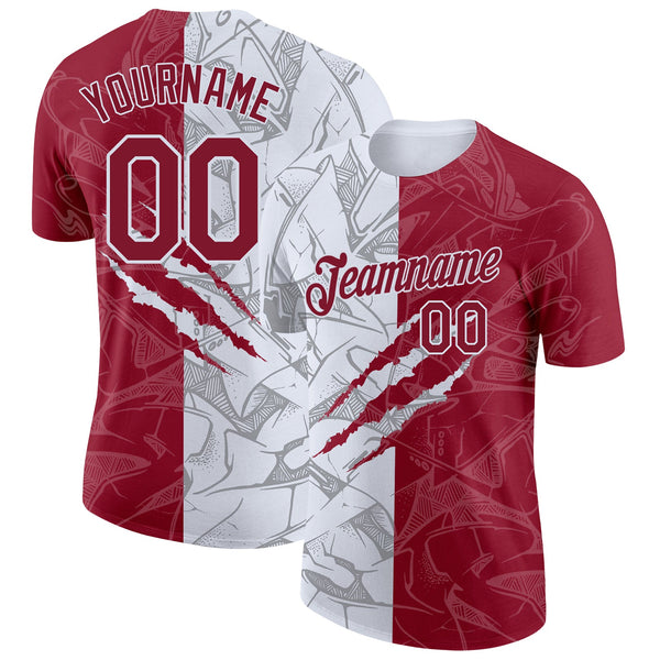 Custom Graffiti Pattern Crimson-White Scratch 3D Performance T-Shirt