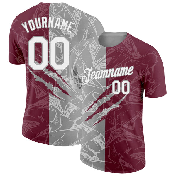 Custom Graffiti Pattern White Burgundy-Gray Scratch 3D Performance T-Shirt