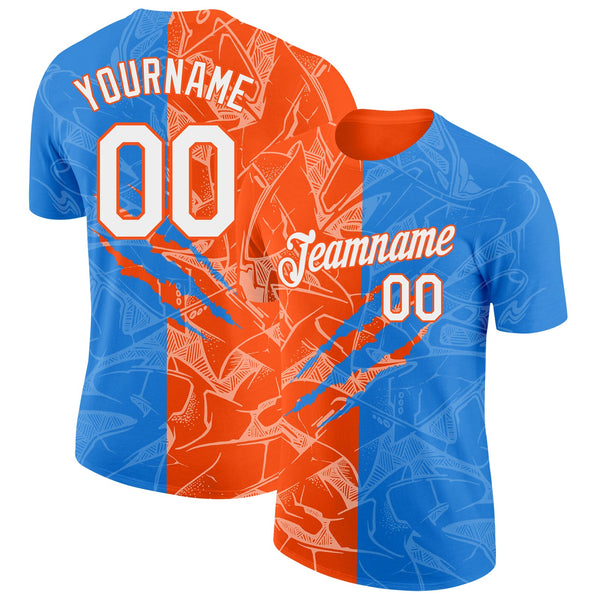 Custom Graffiti Pattern White Powder Blue-Orange Scratch 3D Performance T-Shirt