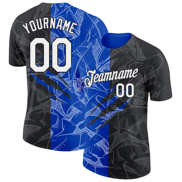 Custom Graffiti Pattern White Black-Thunder Blue Scratch 3D Performance T-Shirt