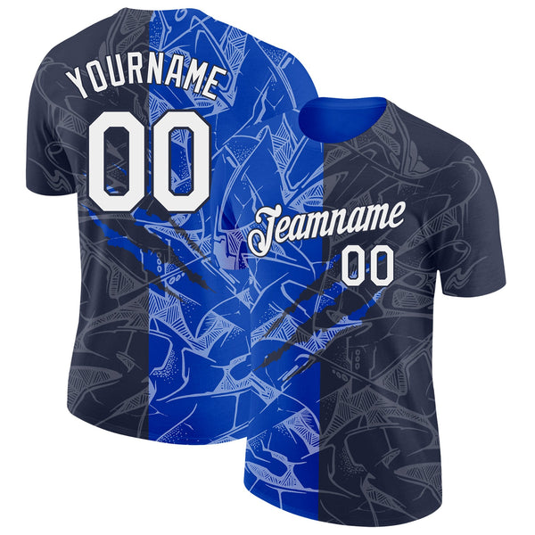 Custom Graffiti Pattern White Navy-Thunder Blue Scratch 3D Performance T-Shirt