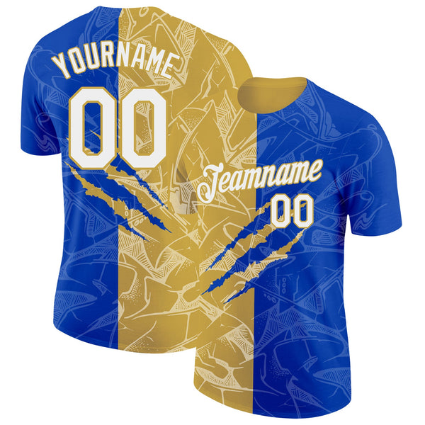 Custom Graffiti Pattern White Thunder Blue-Old Gold Scratch 3D Performance T-Shirt