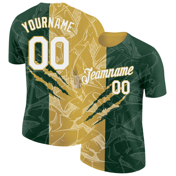 Custom Graffiti Pattern White Green-Old Gold Scratch 3D Performance T-Shirt