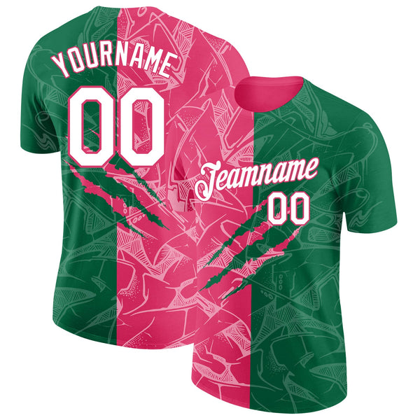 Custom Graffiti Pattern White Kelly Green-Neon Pink Scratch 3D Performance T-Shirt