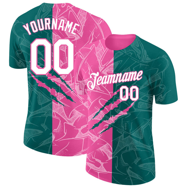 Custom Graffiti Pattern White Teal-Pink Scratch 3D Performance T-Shirt