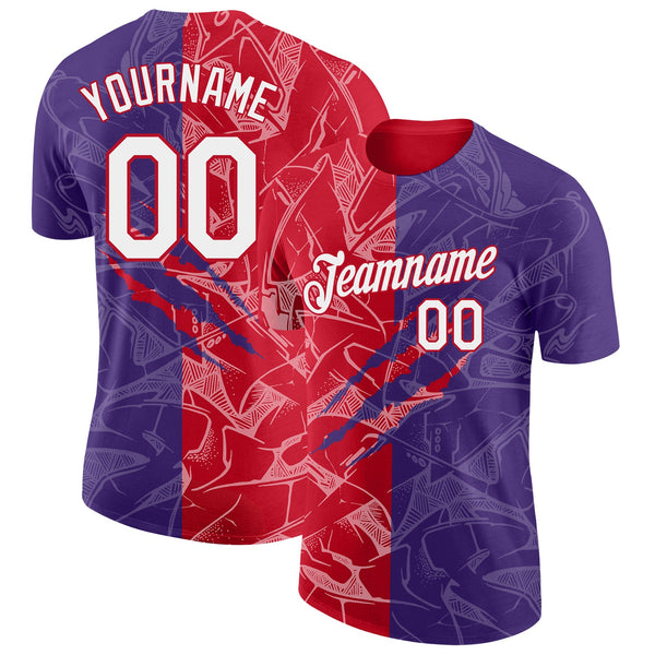 Custom Graffiti Pattern White Purple-Red Scratch 3D Performance T-Shirt