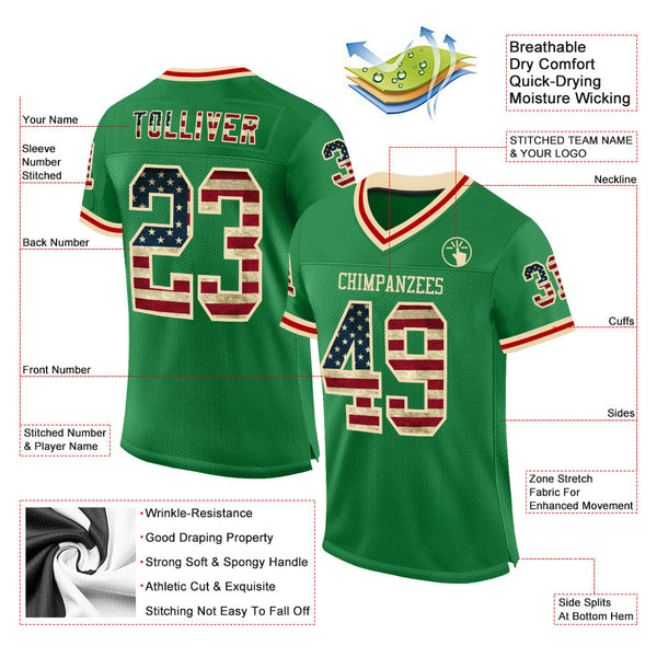 Custom Grass Green Vintage USA Flag Cream-Red Mesh Authentic Throwback Football Jersey alternate