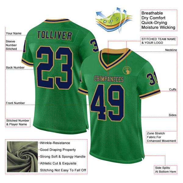 Custom Grass Green Navy-Old Gold Mesh Authentic Throwback Football Jersey alternate