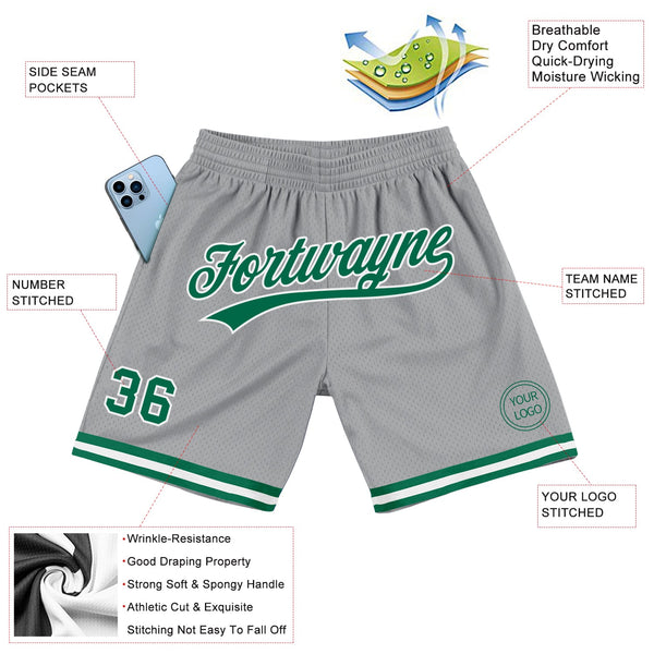 Custom Gray Kelly Green-White Authentic Throwback Basketball Shorts alternate