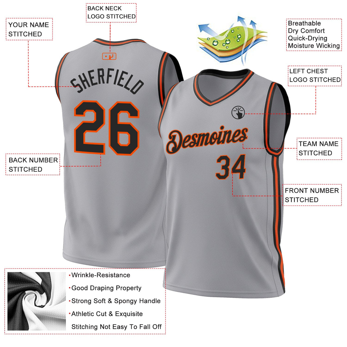 Custom Gray Black-Orange Authentic Throwback Basketball Jersey - Front