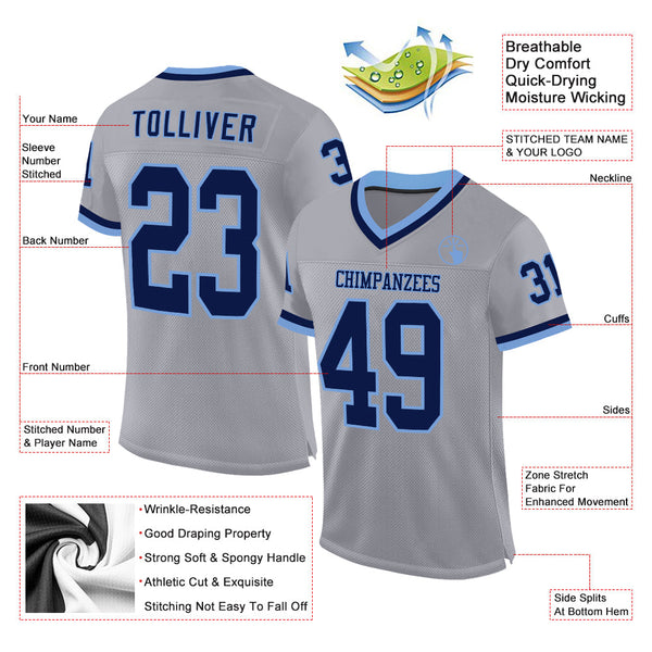 Custom Gray Navy-Light Blue Mesh Authentic Throwback Football Jersey alternate