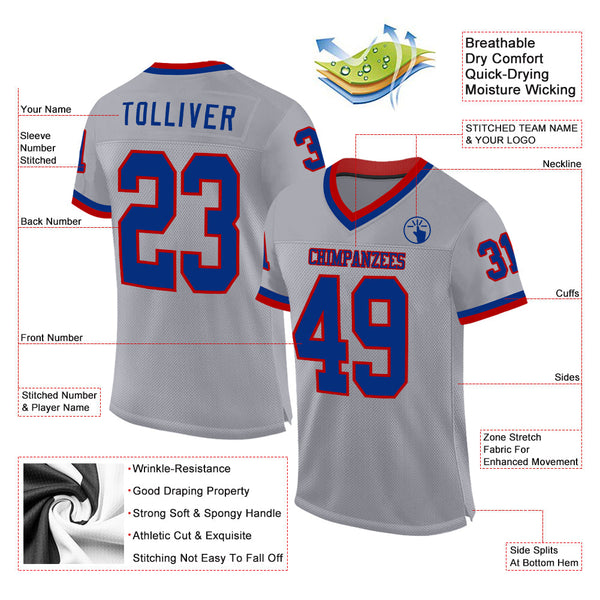 Custom Gray Royal-Red Mesh Authentic Throwback Football Jersey alternate