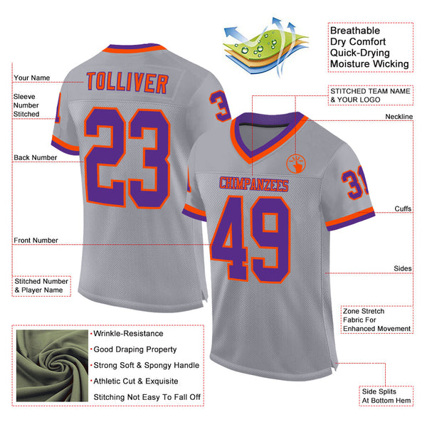 Custom Gray Purple-Orange Mesh Authentic Throwback Football Jersey alternate
