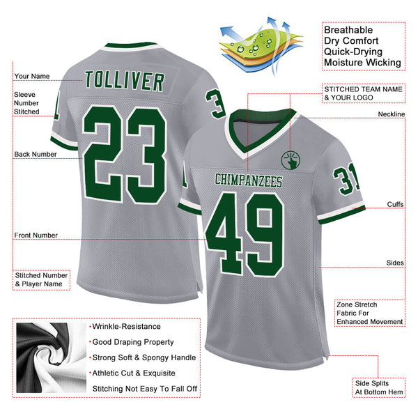 Custom Gray Green-White Mesh Authentic Throwback Football Jersey alternate