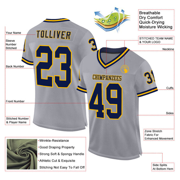 Custom Gray Navy-Gold Mesh Authentic Throwback Football Jersey alternate