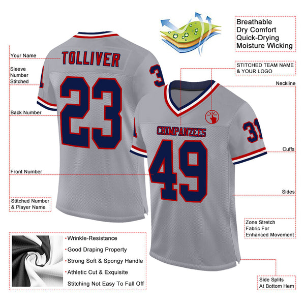 Custom Gray Navy Red-White Mesh Authentic Throwback Football Jersey alternate