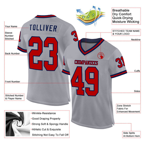 Custom Gray Red-Navy Mesh Authentic Throwback Football Jersey alternate