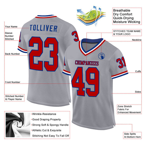 Custom Gray Red-Royal Mesh Authentic Throwback Football Jersey alternate