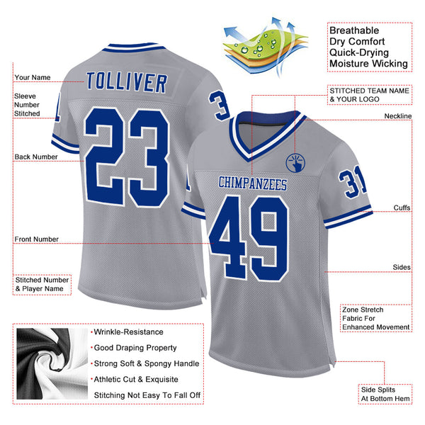 Custom Gray Royal-White Mesh Authentic Throwback Football Jersey alternate
